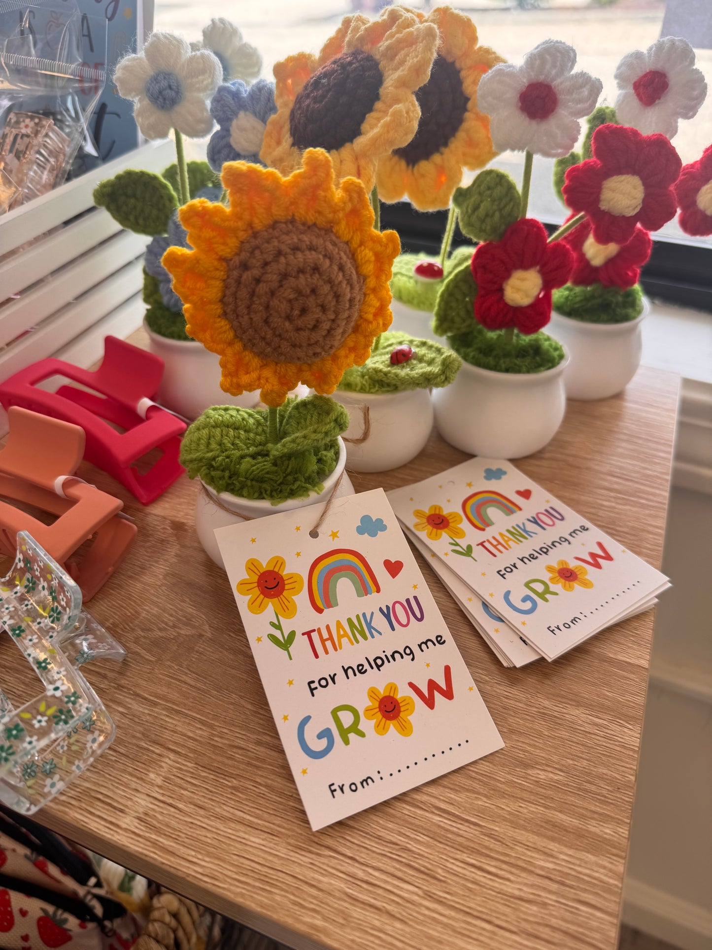 Crochet Flowers with Thank You cards- Teacher Gift
