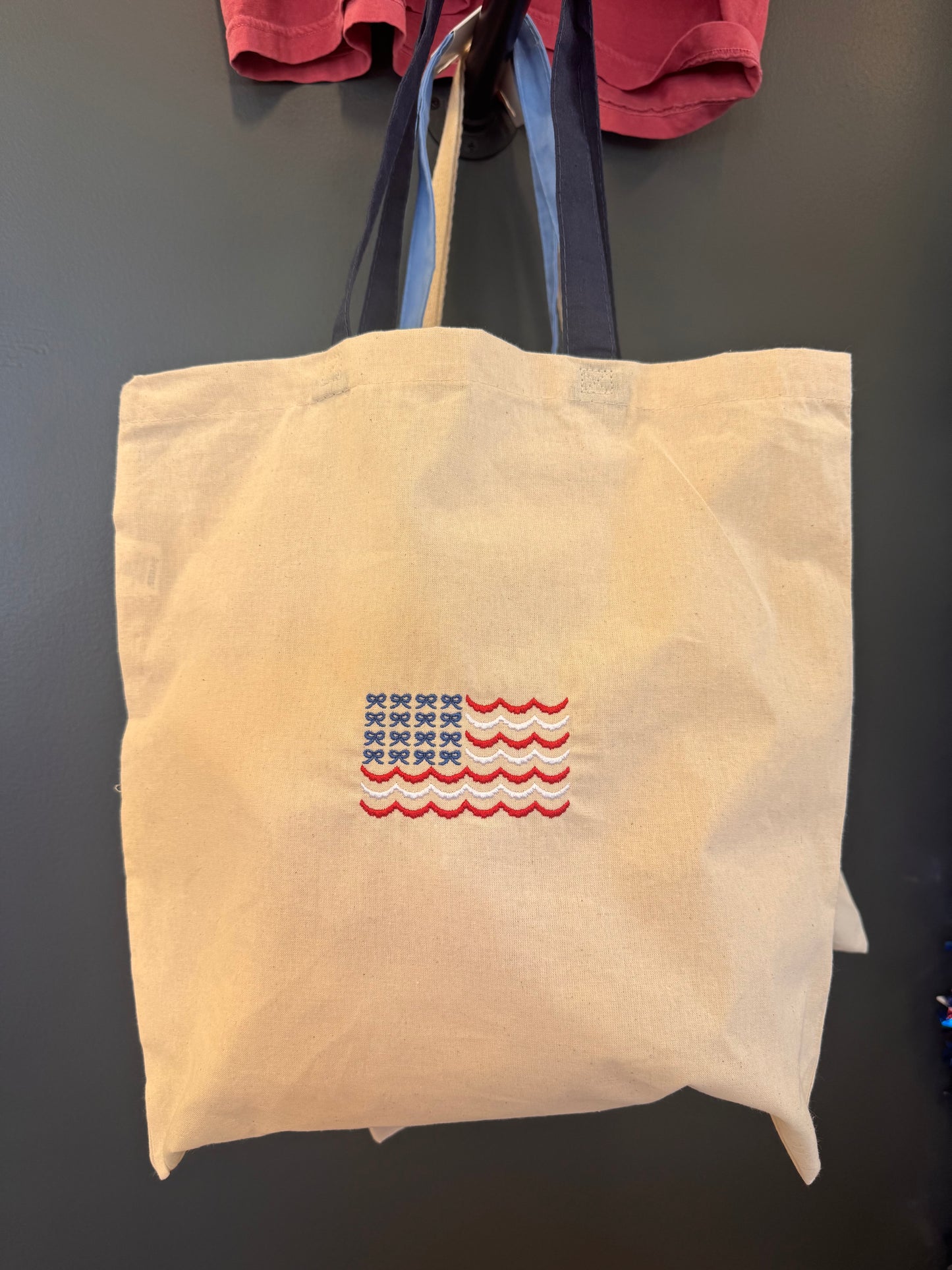 Embroidered Scalloped Bow American Flag Tote Bag