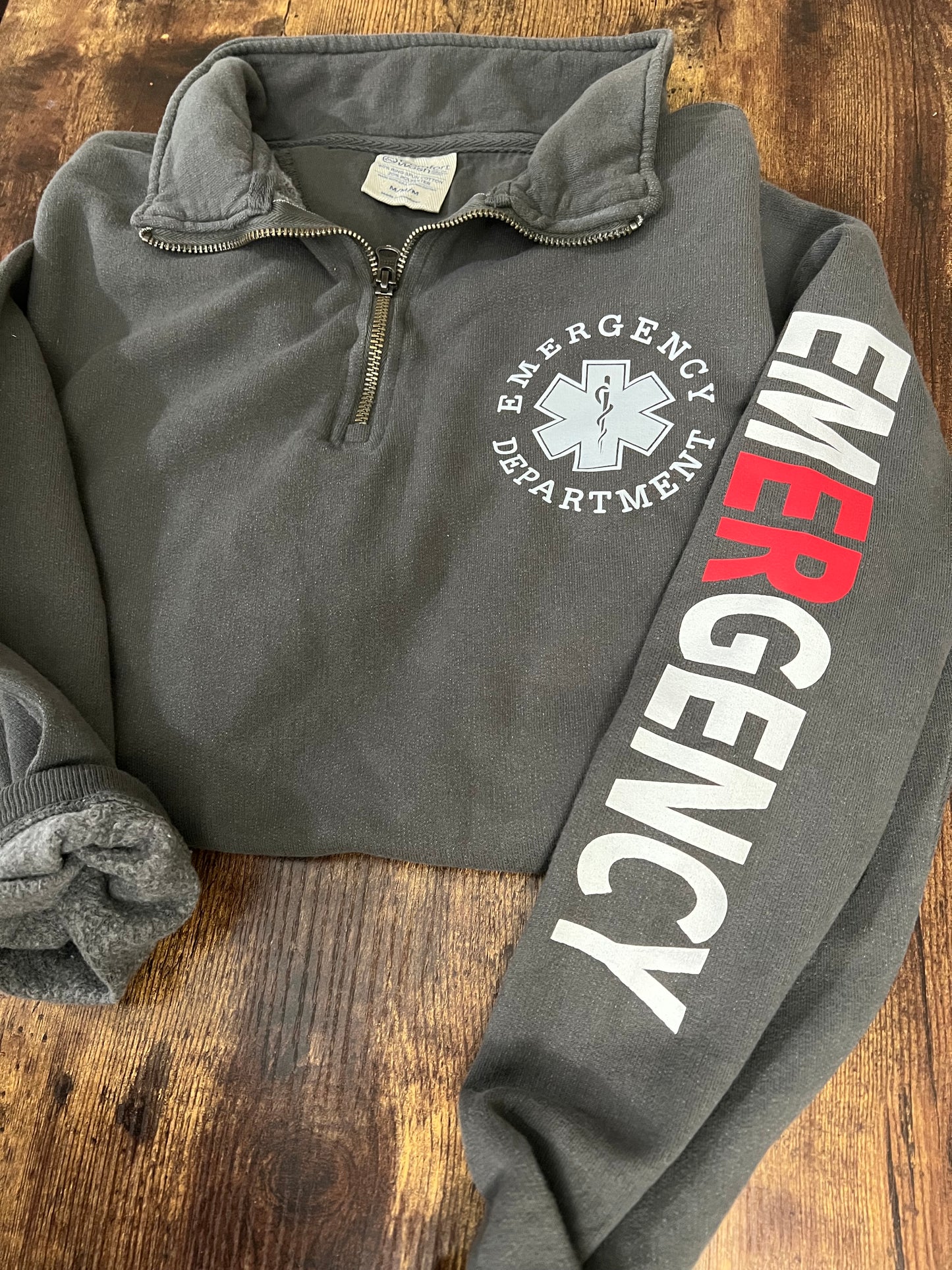 EMERGENCY DEPARTMENT Quarter Zip Sweatshirt with EMERGENCY (two-toned) Sleeve, comfortwash
