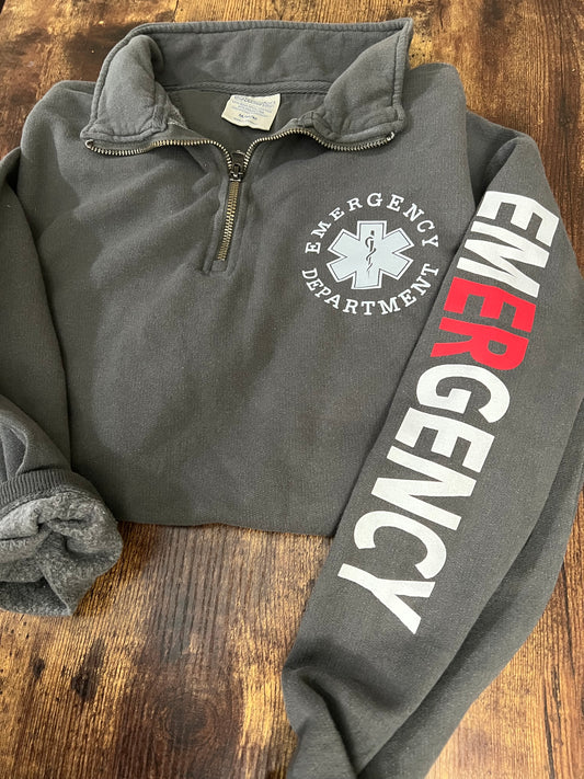 EMERGENCY DEPARTMENT Quarter Zip Sweatshirt with EMERGENCY (two-toned) Sleeve, comfortwash