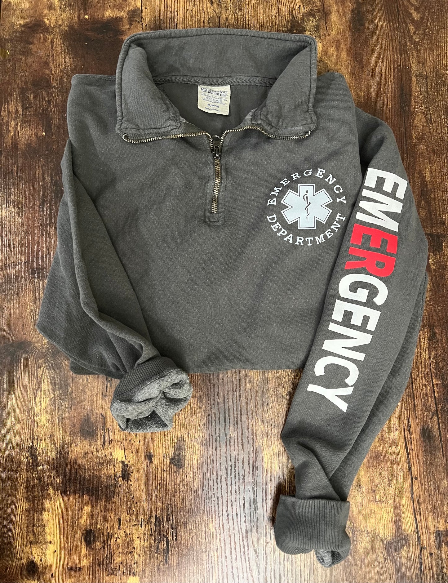 EMERGENCY DEPARTMENT Quarter Zip Sweatshirt with EMERGENCY (two-toned) Sleeve, comfortwash