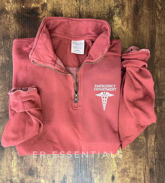EMERGENCY DEPARTMENT w/ Medical Caduceus (WHITE) Quarter Zip Sweatshirt (comfortwash)