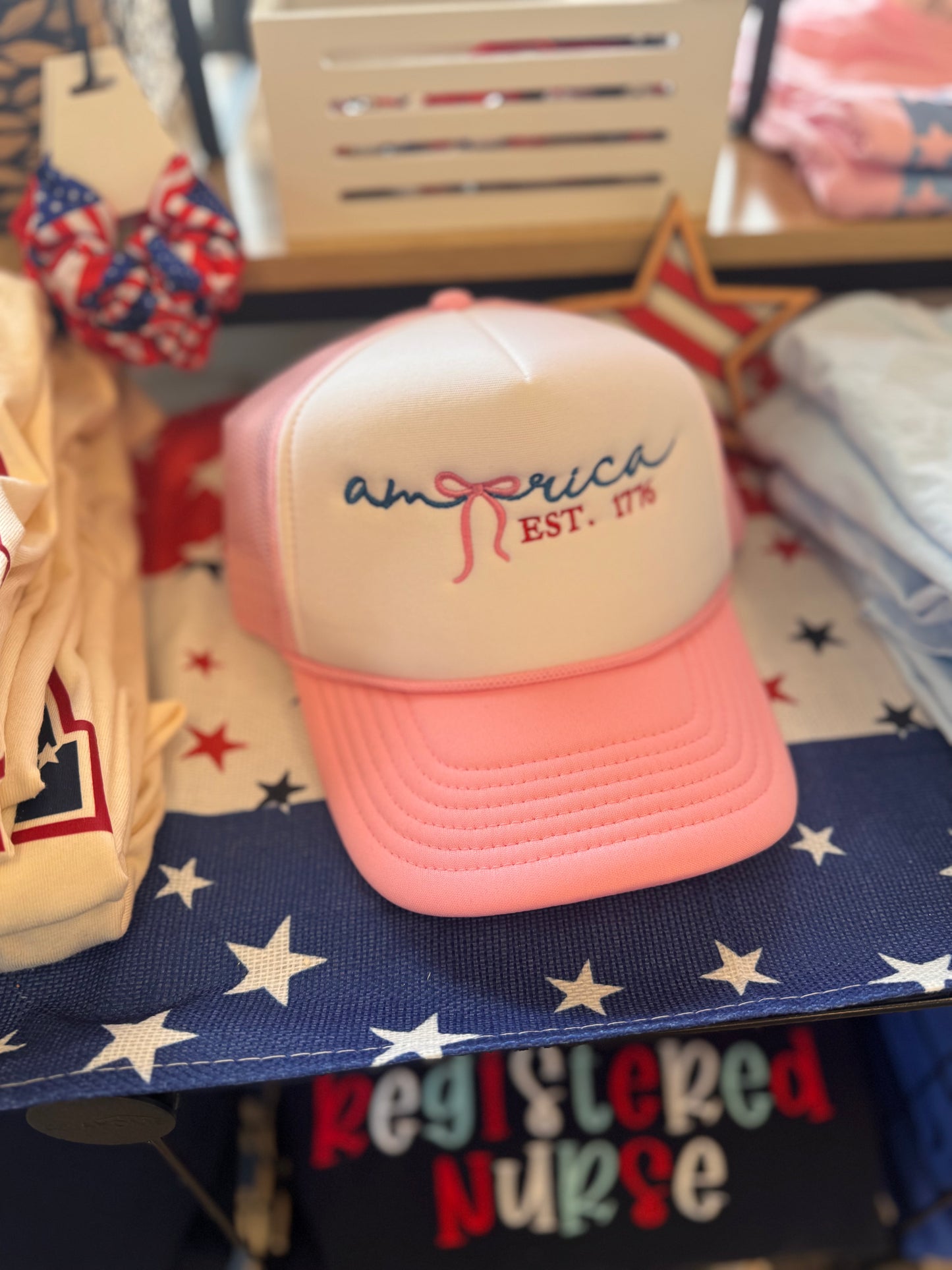 Embroidered America Trucker Hat, Pink