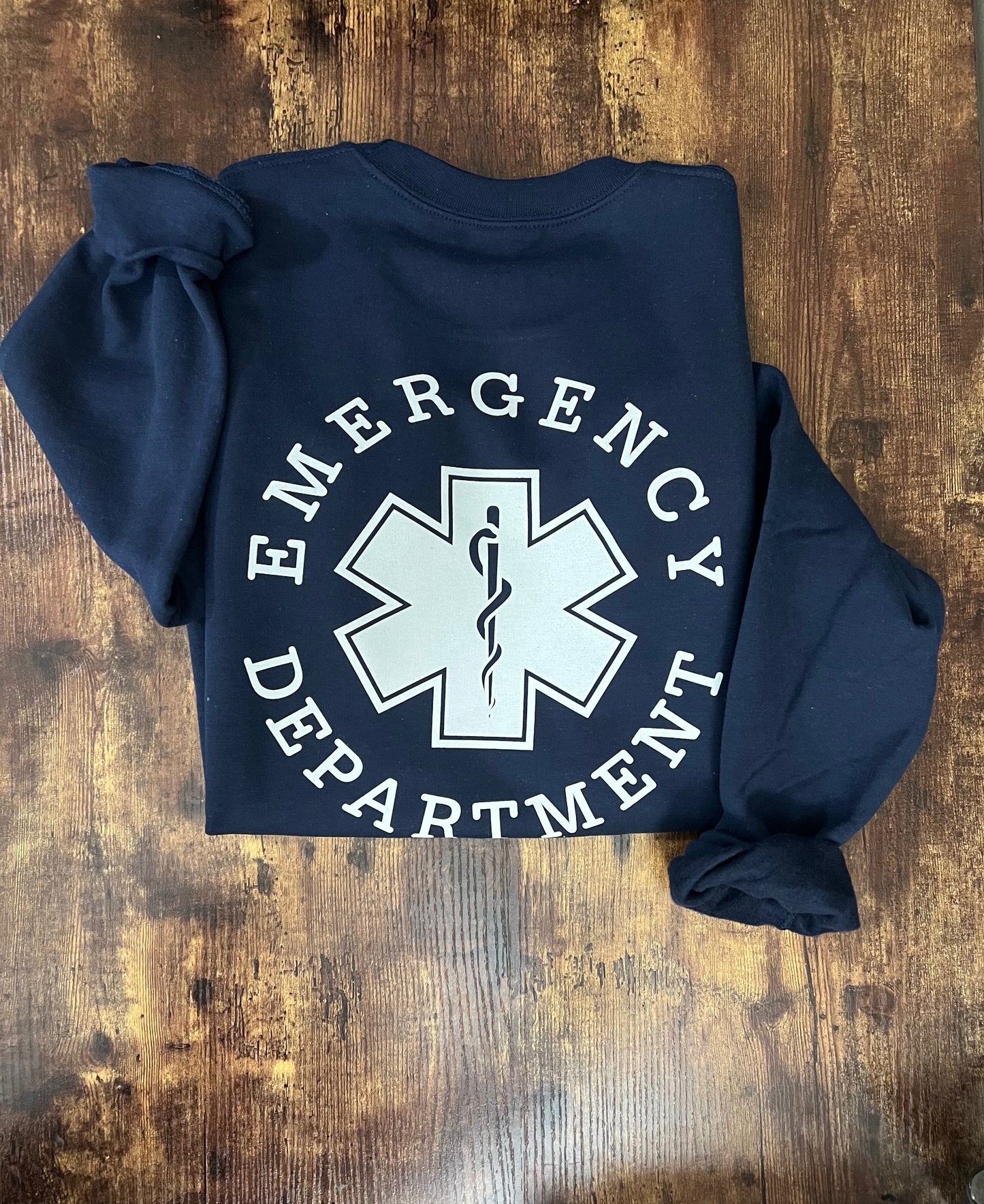 Emergency Department Crewneck Sweatshirt (LARGE BACK IMAGE) Left Chest Medical Caduceus