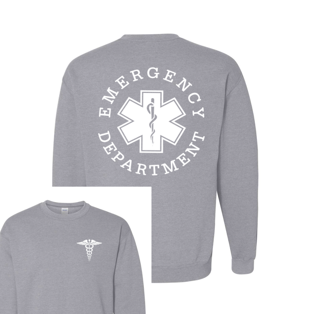 Emergency Department Crewneck Sweatshirt (LARGE BACK IMAGE) Left Chest Medical Caduceus