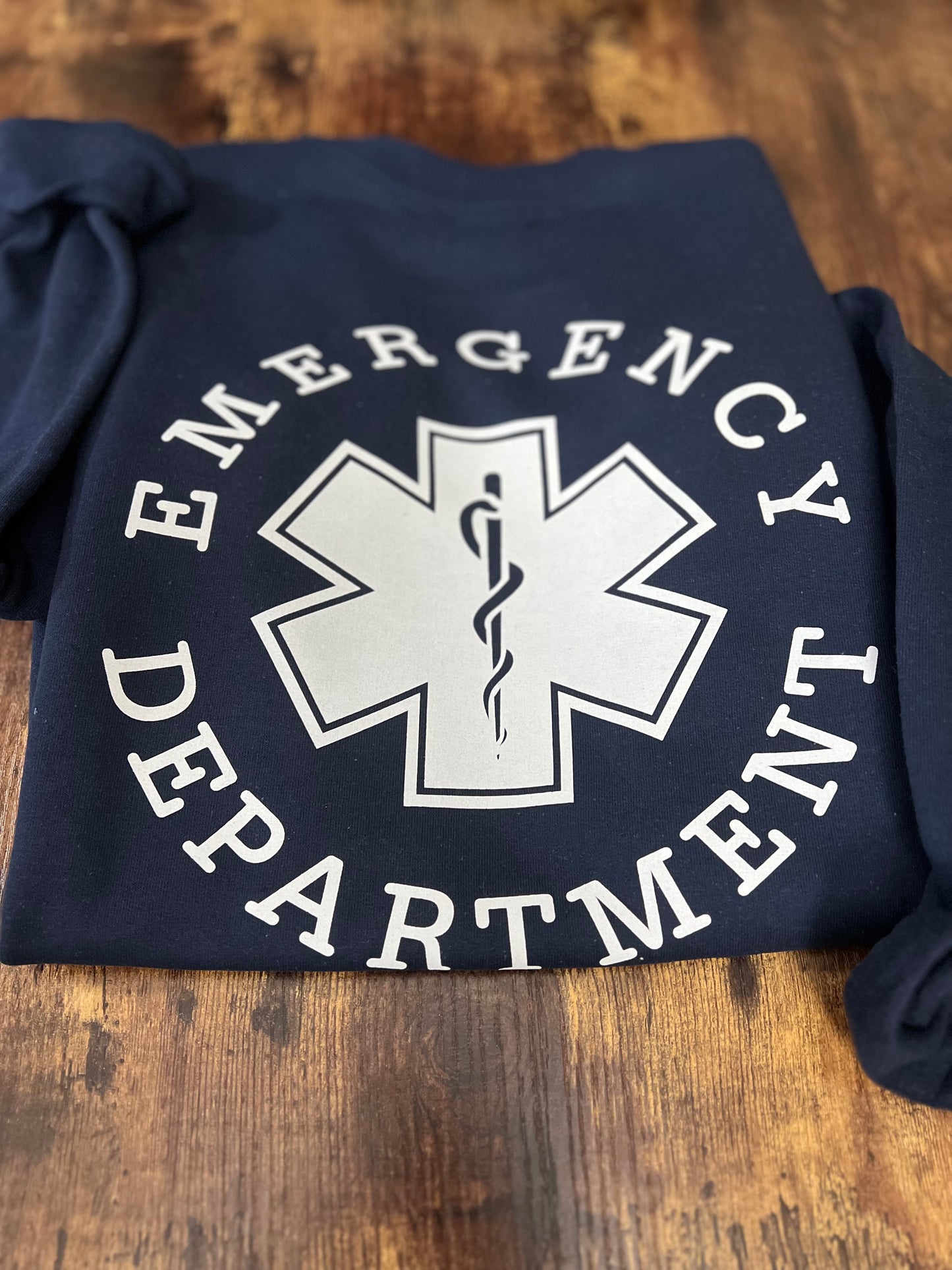 Emergency Department Crewneck Sweatshirt (LARGE BACK IMAGE) Left Chest Medical Caduceus