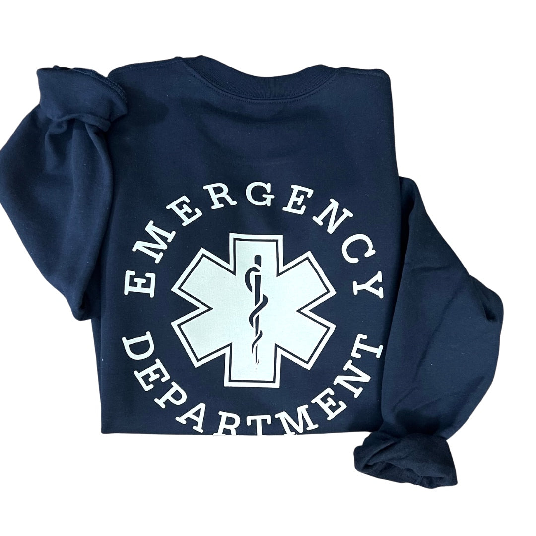 Emergency Department Crewneck Sweatshirt (LARGE BACK IMAGE) Left Chest Medical Caduceus