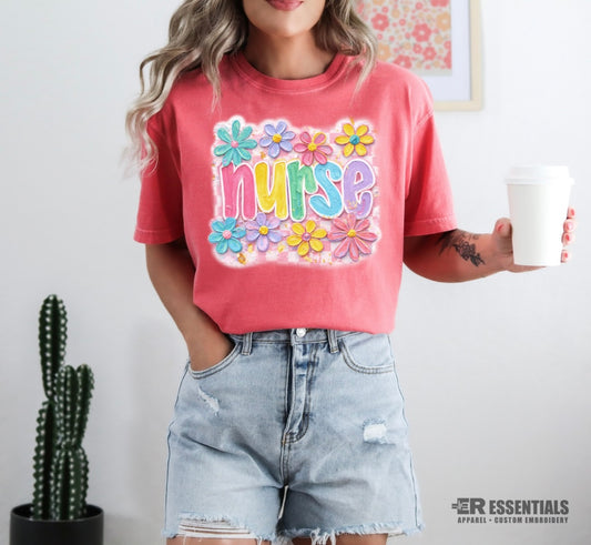 Floral Painted Retro NURSE T-Shirt