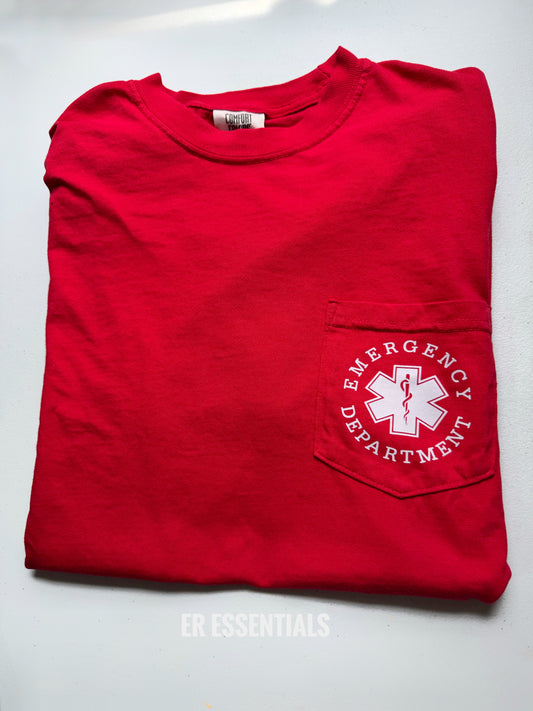 *READY TO SHIP* EMERGENCY DEPARTMENT POCKET SLEEVE T-SHIRT, RED MEDIUM