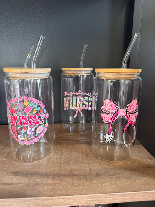 Nurse Glass Tumbler with Wood Lid & Straw
