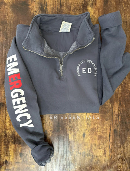 EMERGENCY DEPARTMENT *NEW DESIGN* Quarter Zip Sweatshirt with EMERGENCY (two-toned) Sleeve, comfortwash