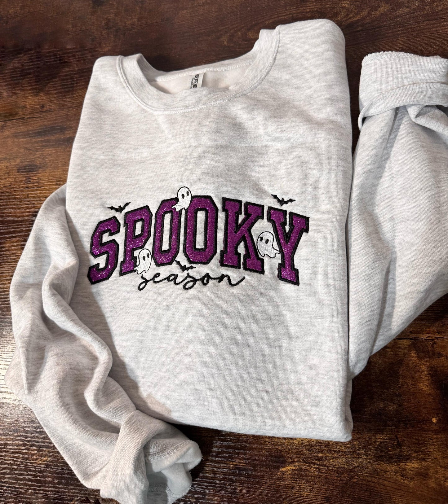 Spooky Season Embroidered Glitter Crewneck, Purple Glitter