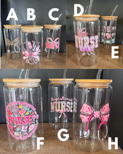 Nurse Glass Tumbler with Wood Lid & Straw