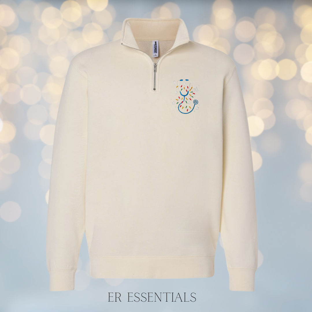 Embroidered Holiday Lights Stethoscope Quarter Zip Sweatshirt