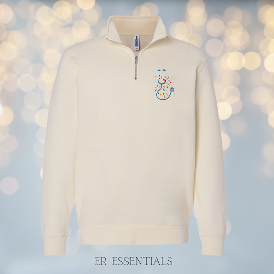 Embroidered Holiday Lights Stethoscope Quarter Zip Sweatshirt