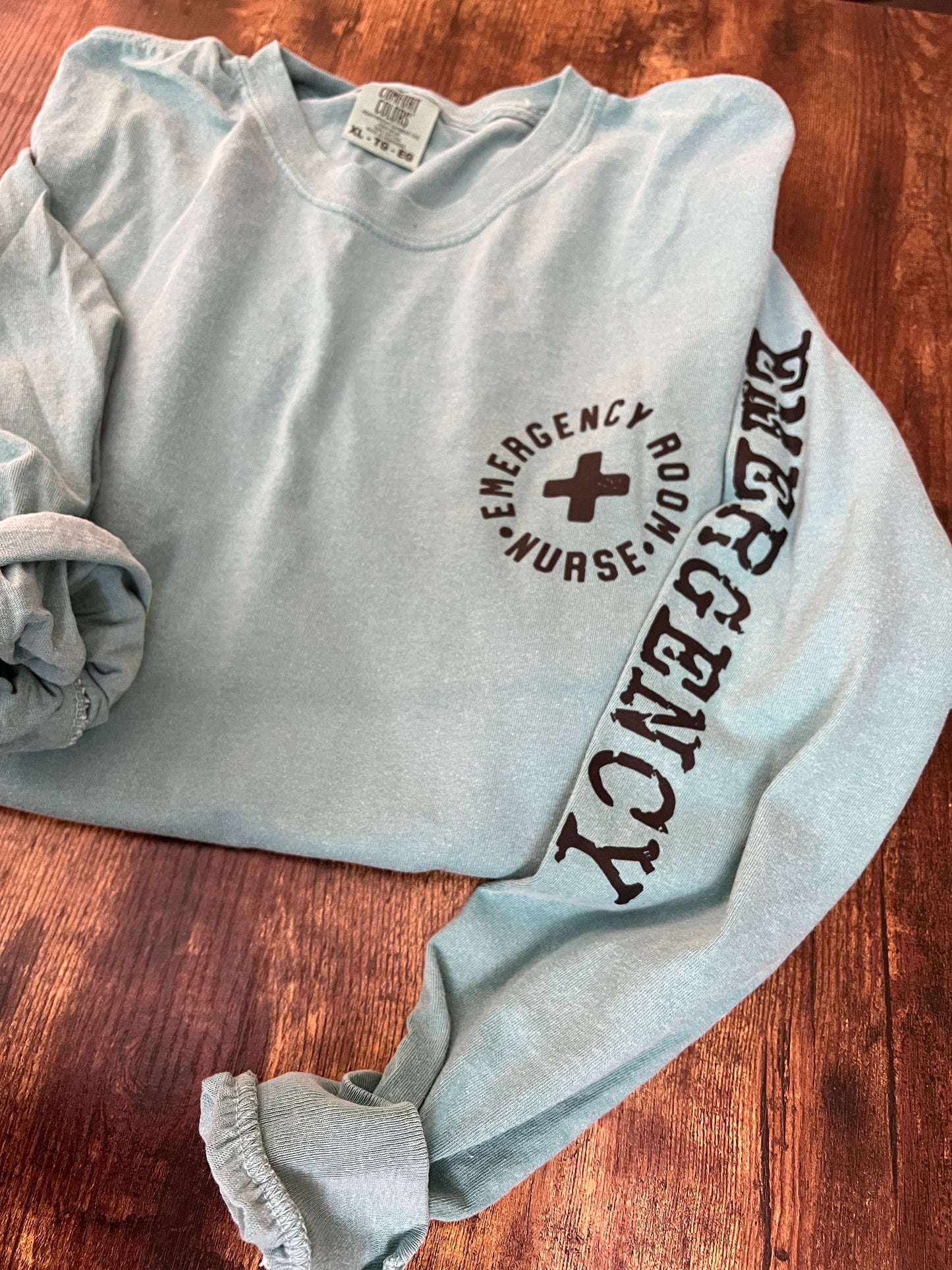 EMERGENCY ROOM NURSE LONG SLEEVE (comfort colors) DISTRESSED EMERGENCY SLEEVE (black images)