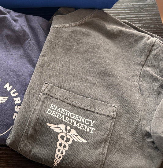 *READY TO SHIP* EMERGENCY DEPARTMENT - POCKET SHORT SLEEVE T-SHIRT, small, pepper