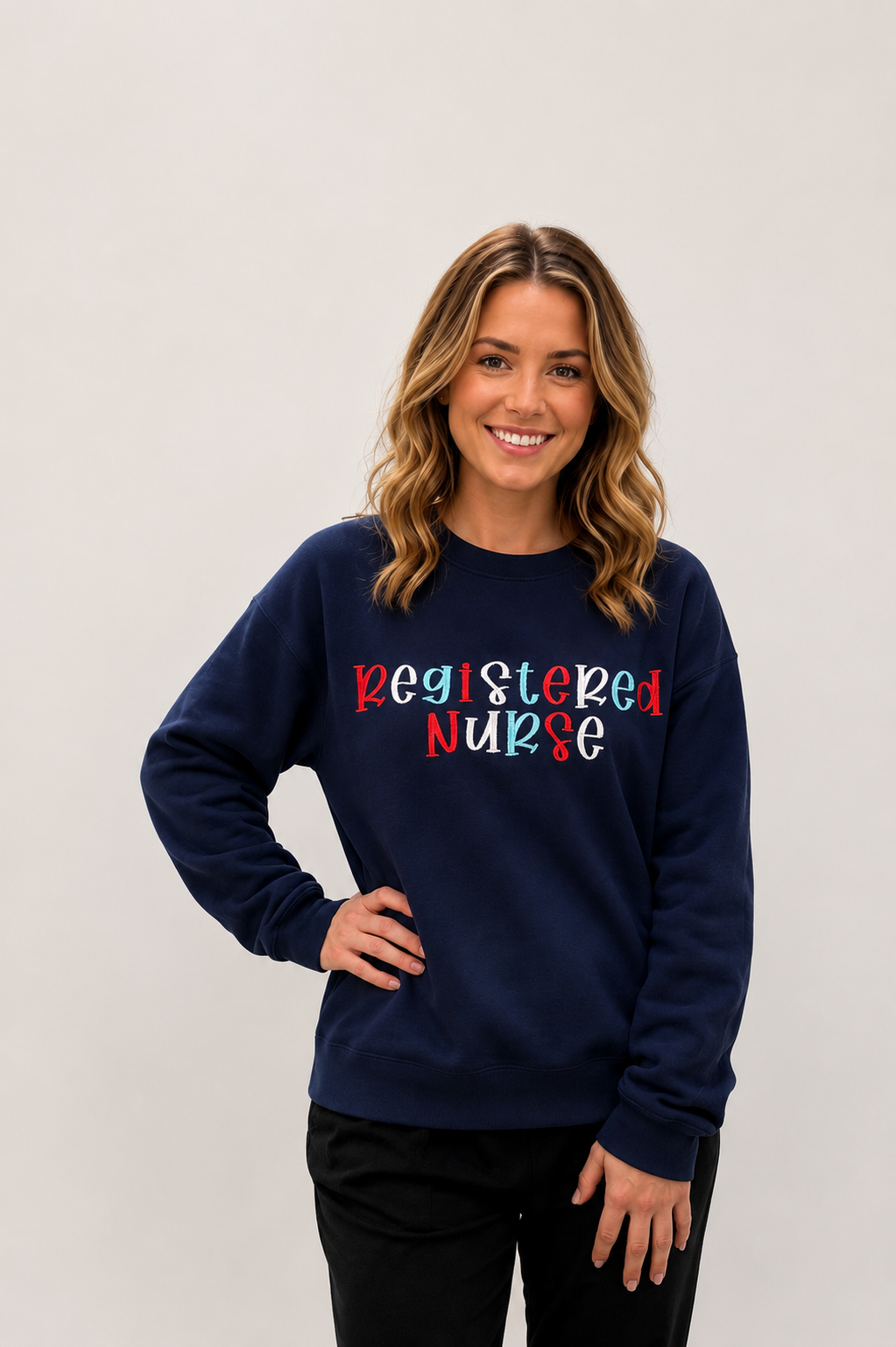 Red, White & Blue Embroidered Registered Nurse Crewneck Sweatshirt