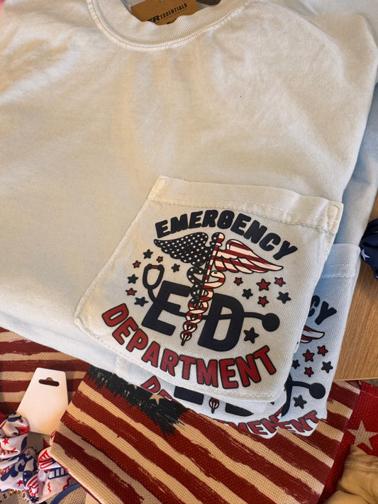 4th of July Emergency Department Pocket T-Shirt, Light Blue