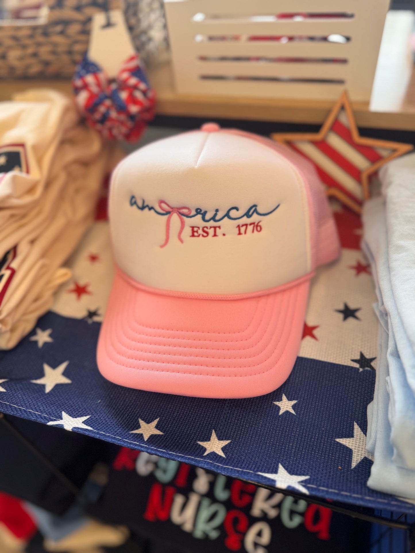 Embroidered America Trucker Hat, Pink
