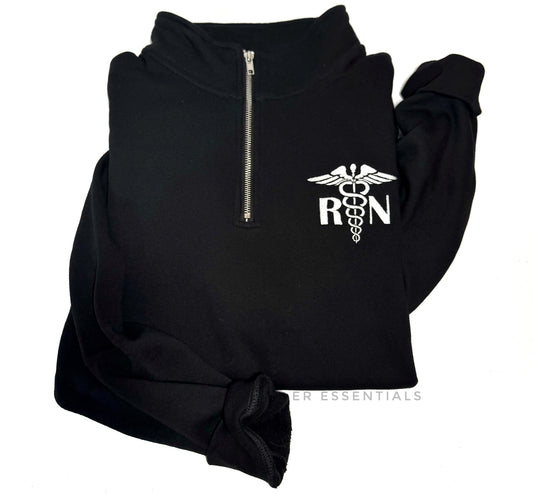 READY TO SHIP- EMBROIDERED RN MEDICAL CADUCEUS Quarter Zip Sweatshirt- SALE