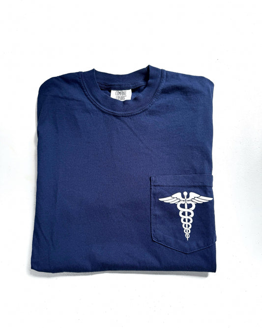 *READY TO SHIP* Medical Caudeus POCKET SHORT SLEEVE T-SHIRT, NAVY, comfort colors