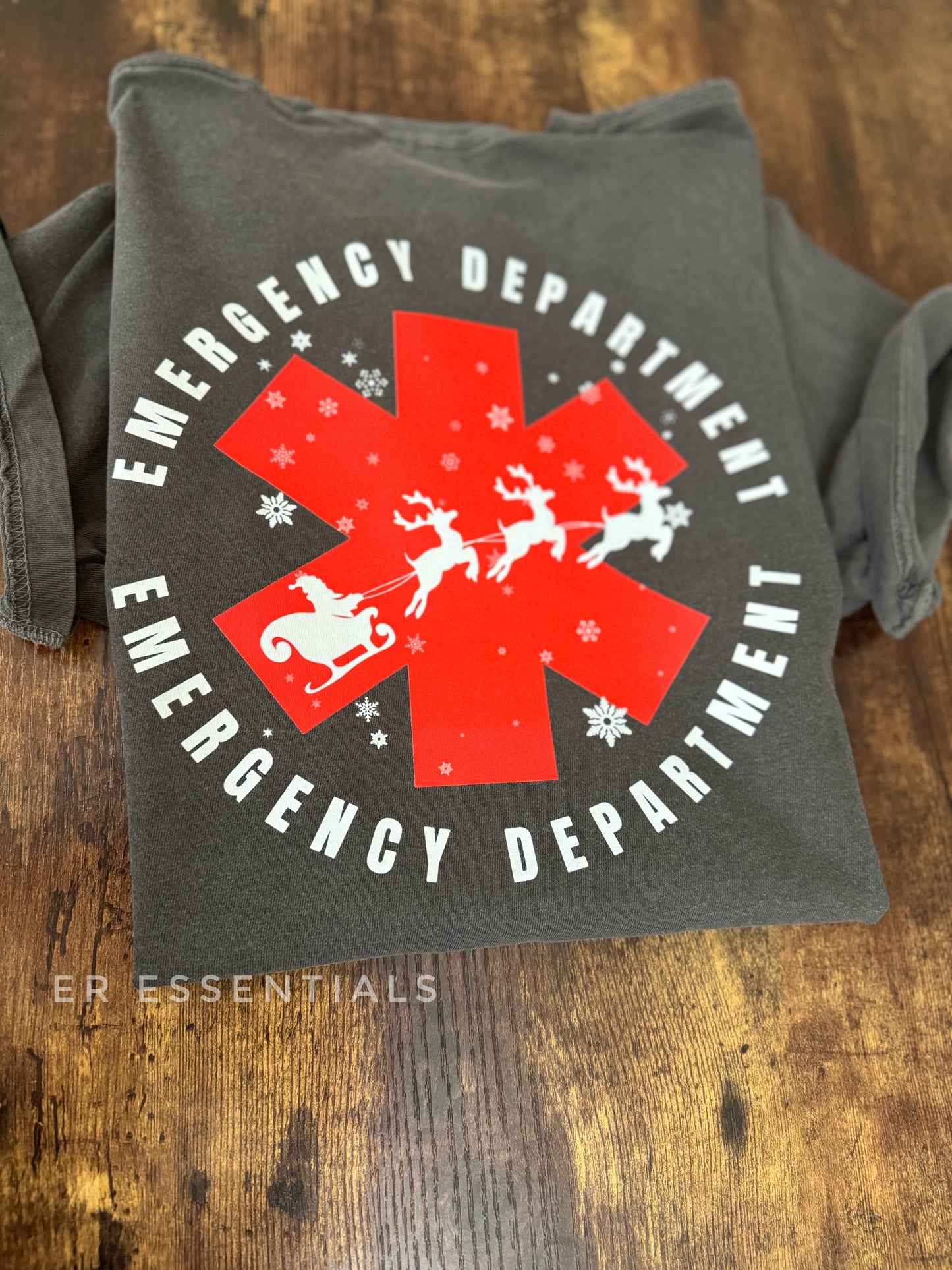 SANTA SLEIGH (large back image) EMERGENCY DEPARTMENT CHRISTMAS SHORT SLEEVE T-SHIRT (comfort colors)