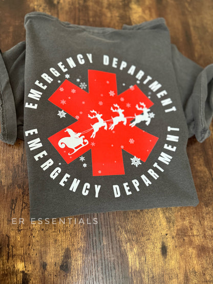 SANTA SLEIGH (large back image) EMERGENCY DEPARTMENT CHRISTMAS SHORT SLEEVE T-SHIRT (comfort colors)