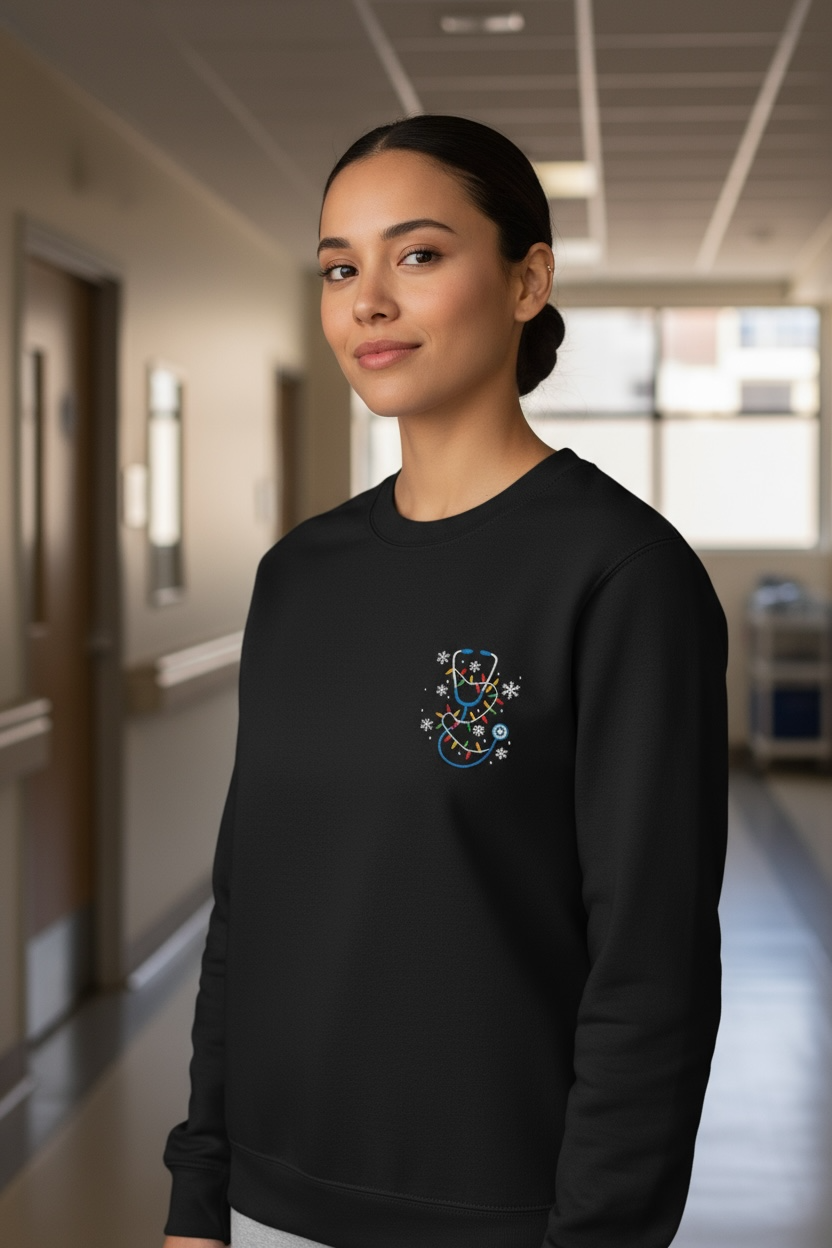 Embroidered Holiday Lights Stethoscope Crewneck Sweatshirt