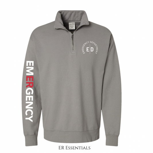 EMERGENCY DEPARTMENT *NEW DESIGN* Quarter Zip Sweatshirt with EMERGENCY (two-toned) Sleeve, comfortwash