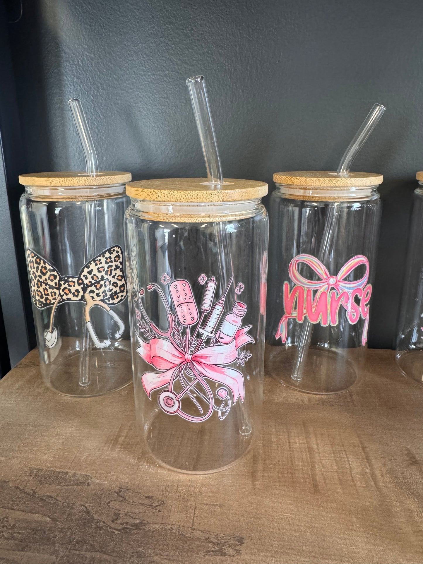 Nurse Glass Tumbler with Wood Lid & Straw