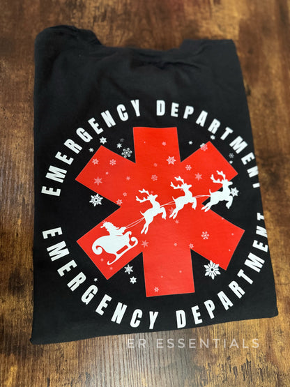 SANTA SLEIGH (large back image) EMERGENCY DEPARTMENT CHRISTMAS SHORT SLEEVE T-SHIRT (comfort colors)