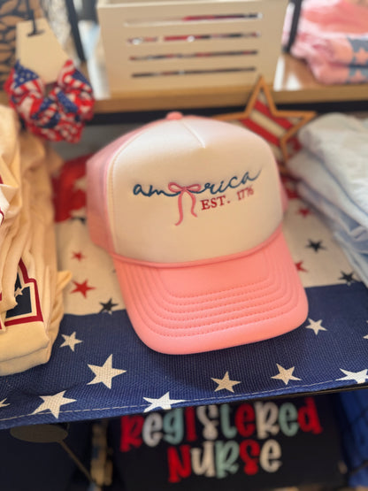 Embroidered America Trucker Hat, Pink