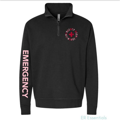 Emergency Room Nurse Quarter Zip Sweatshirt- Pink Emergency Sleeve (NL)