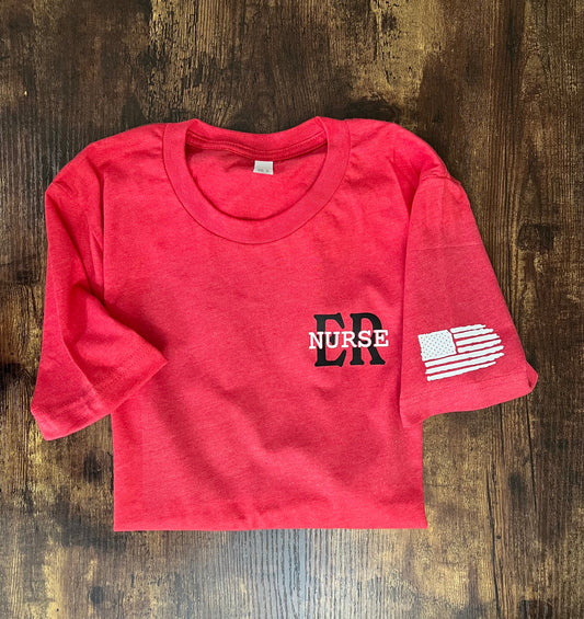 ER Nurse Short Sleeve T-Shirt with Distressed American Flag Sleeve