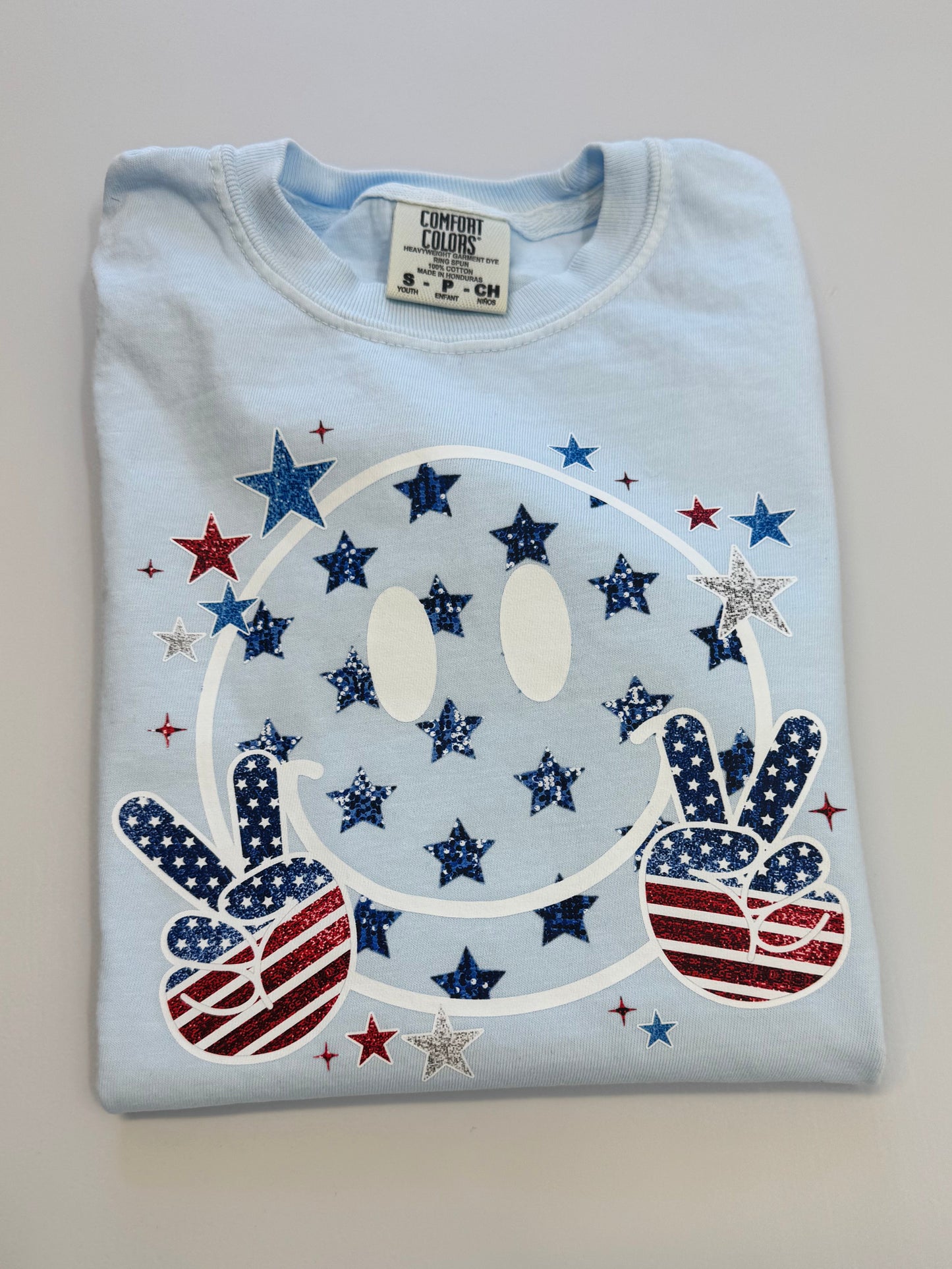 KIDS- Patriotic Smiley Tee- Light Blue