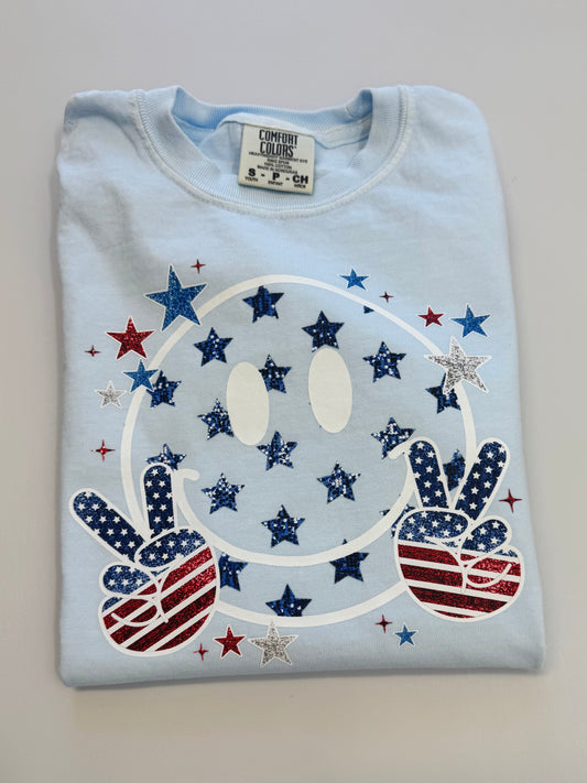 KIDS- Patriotic Smiley Tee- Light Blue