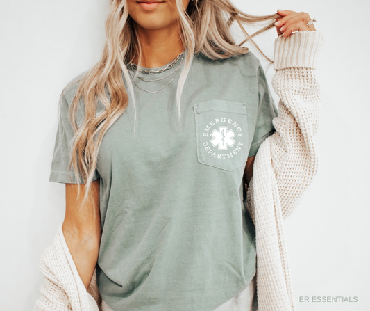 EMERGENCY DEPARTMENT (circle image) POCKET SHORT SLEEVE T-SHIRT, comfort colors