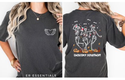 READY TO SHIP! EMERGENCY DEPARTMENT DANCING SEKELETONS (back image) HALLOWEEN SHORT SLEEVE T-SHIRT (comfort colors)