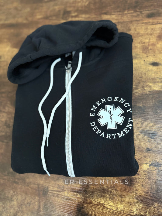 READY TO SHIP- Emergency Department (circular image) Full Zip Hooded Sweatshirt, sale