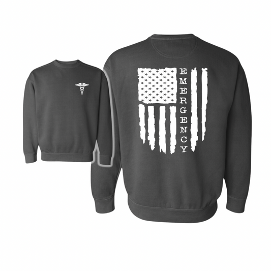 Emergency Department Flag Crewneck Sweatshirt (LARGE BACK IMAGE) Left Chest Medical Caduceus