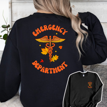 THANKSGIVING, FALL- EMERGENCY DEPARTMENT CREWNECK SWEATSHIRT (Gildan) front + back images