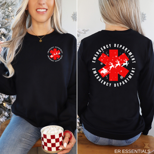 Santa’s Sleigh Emergency Department Crewneck Sweatshirt (front + back images)