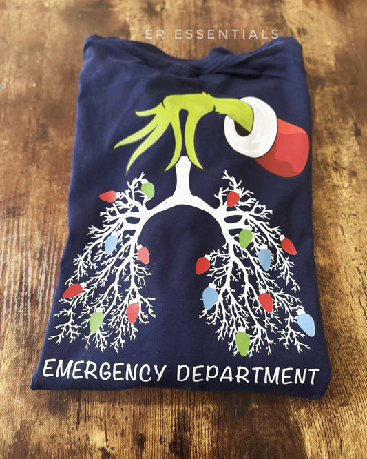 *READY TO SHIP** GRINCH PULMONARY ED CHRISTMAS LIGHTS LONG SLEEVE (comfort colors) large back image only