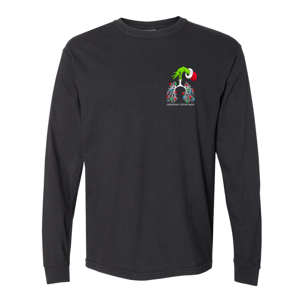 GRINCH PULMONARY ED CHRISTMAS LIGHTS LONG SLEEVE (comfort colors) pocket sized image