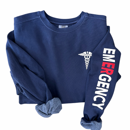Medical Caduceus Crewneck Sweatshirt WITH RED AND WHITE EMERGENCY SLEEVE - Comfort Colors
