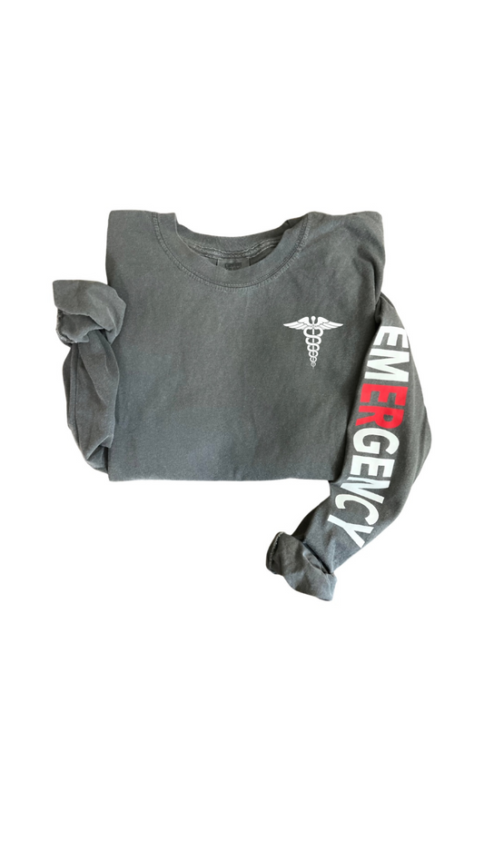 EMERGENCY (two toned) LONG SLEEVE (comfort colors) MEDICAL CADUCEUS