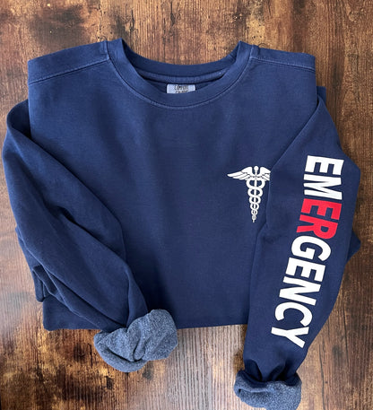 Medical Caduceus Crewneck Sweatshirt WITH RED AND WHITE EMERGENCY SLEEVE - Comfort Colors