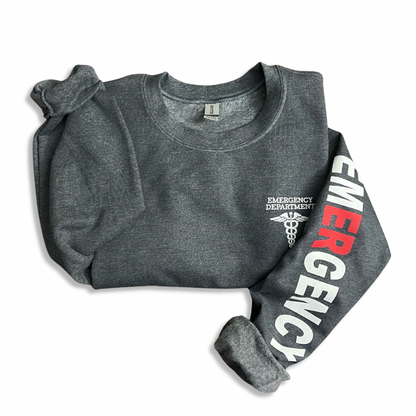 Emergency Department Sweatshirt with (red/white) EMERGENCY on Sleeve